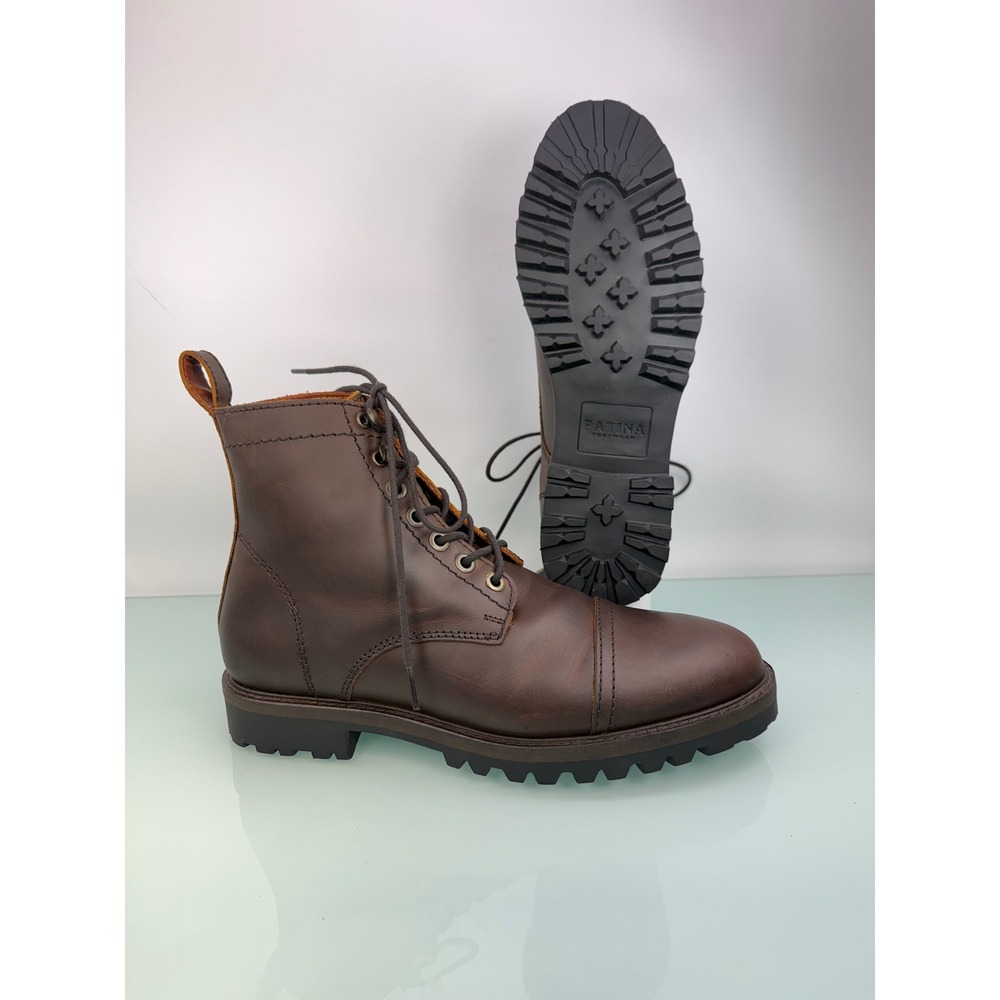 Patina Portland Leather Co. Men Brown Leather Cap Toe Lace Up Lug Sole Boots 9.5